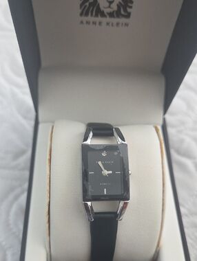 Anne Klein Black Dial Silver-Tone Case Leather Strap Watch